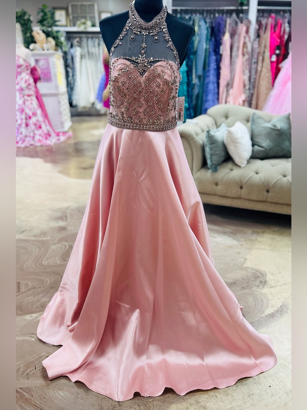 Beaded Halter Pink Satin Prom Gown